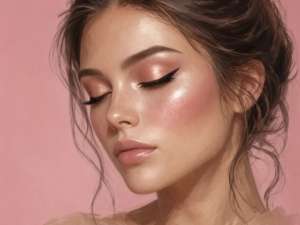 Ilustración: mismo rostro con maquillaje glam en tonos rosa dorado