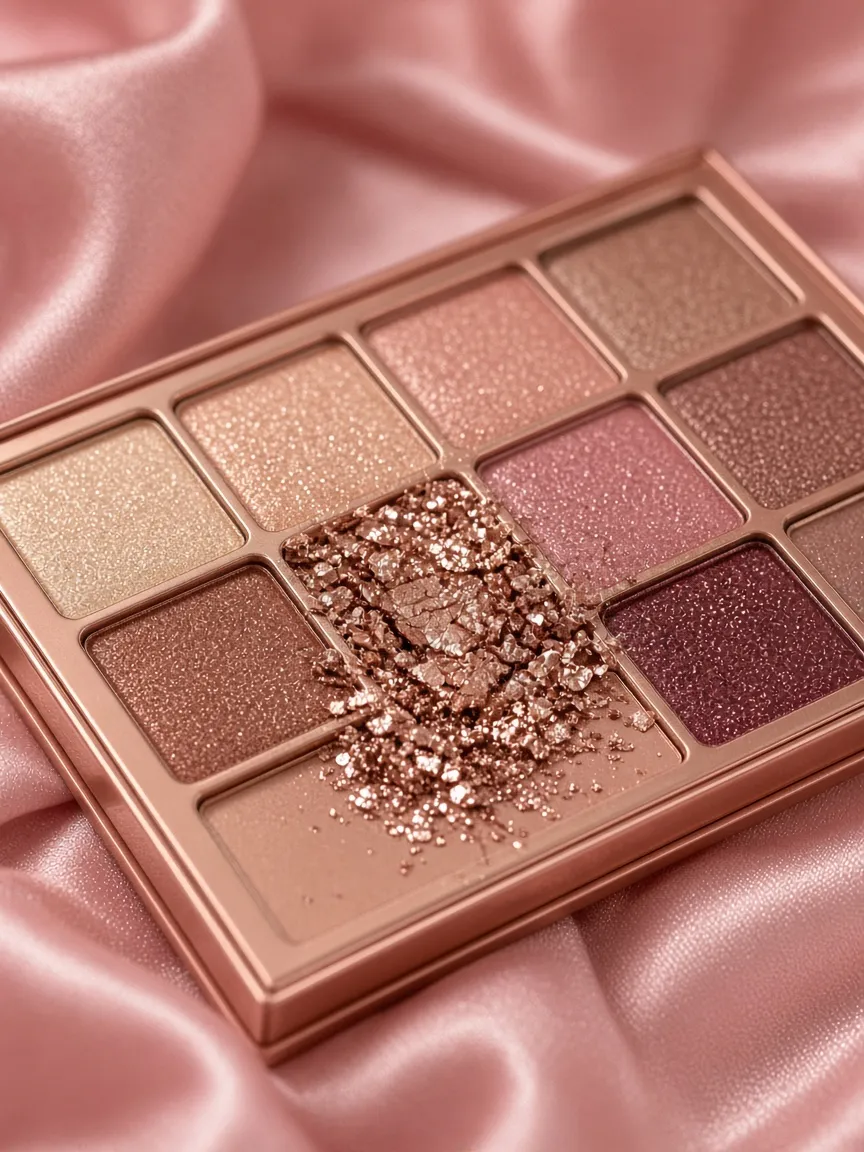 Paleta de sombras en tonos rosa y dorado